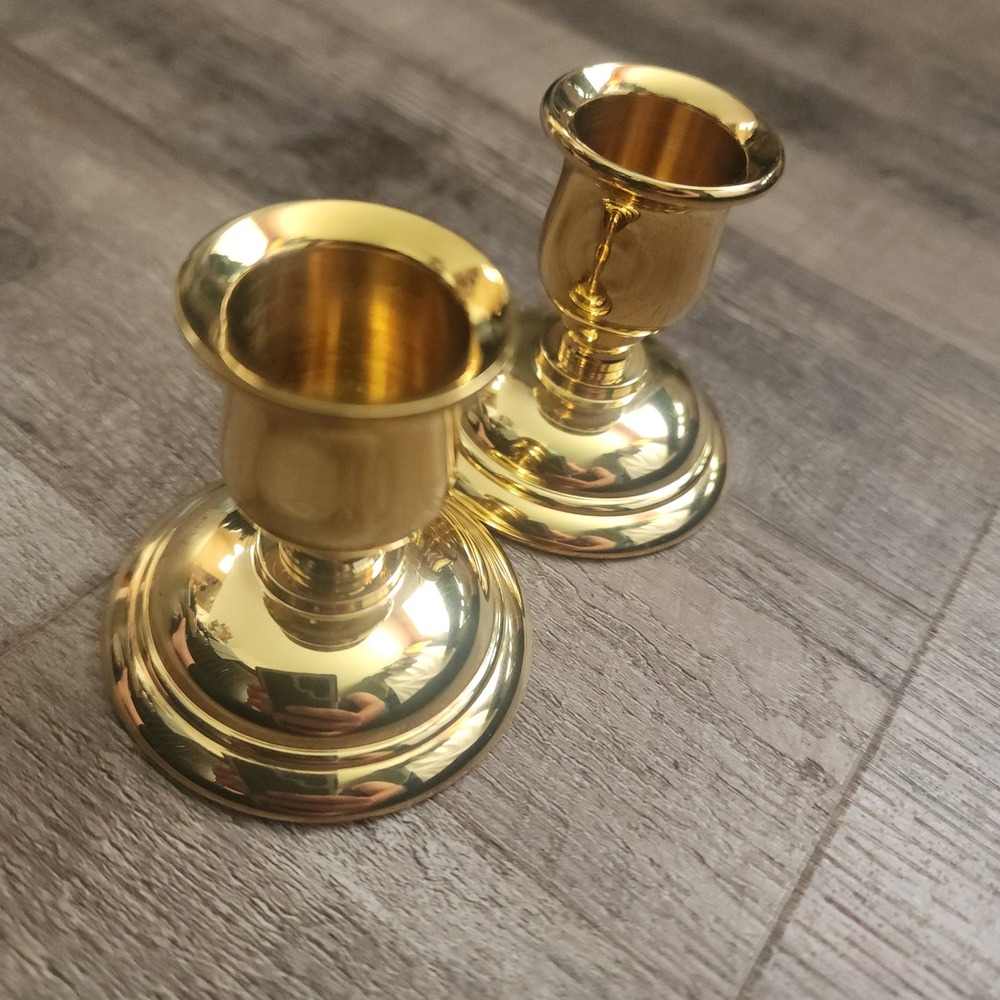 PartyLite Candlestick Holder Pair Short Gold Polished Brass Taper Set